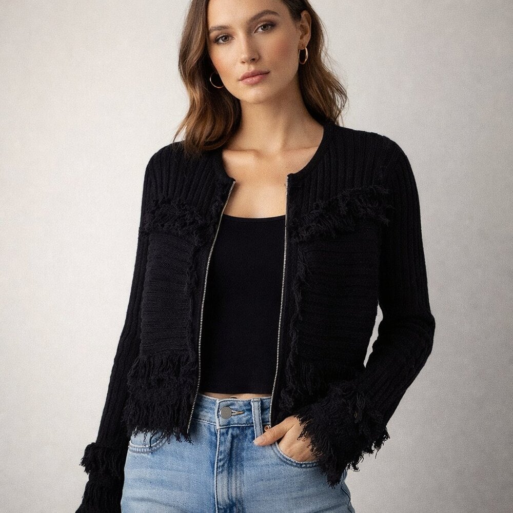 Club Monaco Texture Fringe Cardigan Wool Blend Size X-Small Black Full Zip